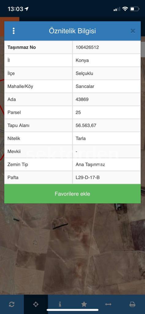 Konya Sarıcalar da 56.563 m2 yol üzeri Müstakil Tarla